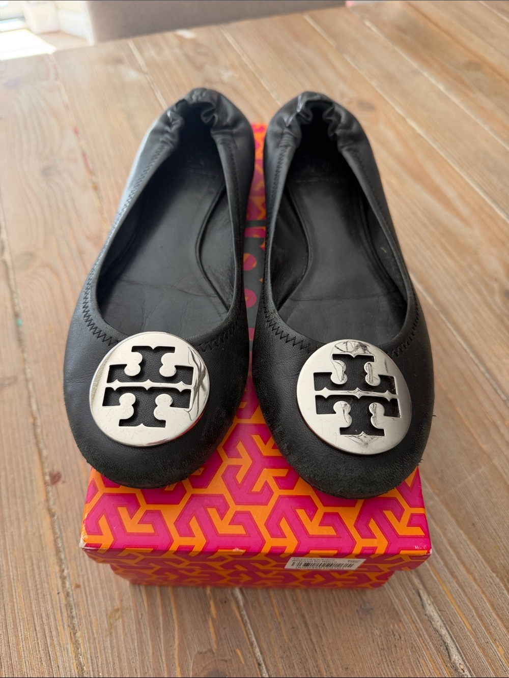 Tory Burch Black Leather Logo Medallion Ballet Flats